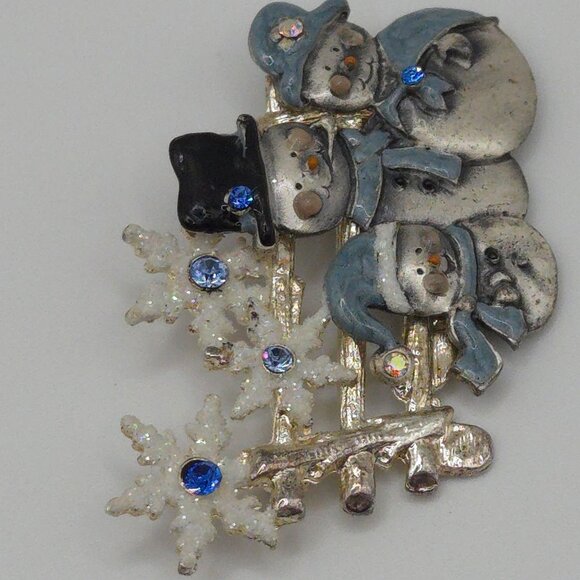 KC Brooch Silver Tone Blue Rhinestone Snowman Snowflake Winter Holiday Christmas - Picture 8 of 12